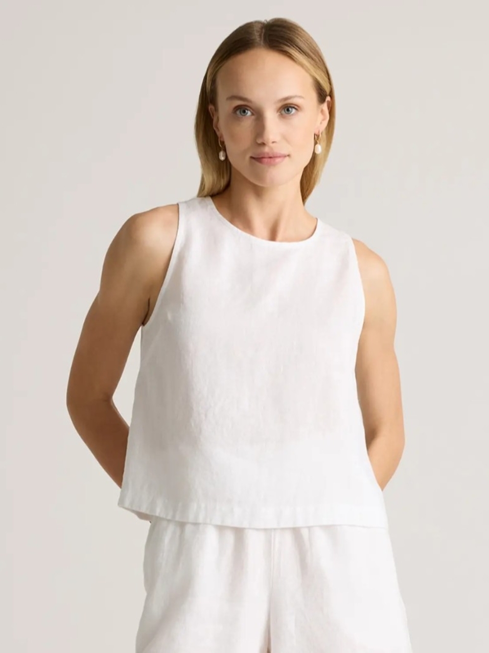 Quince White Sleeveless 100% European Cropped Linen Tank Top